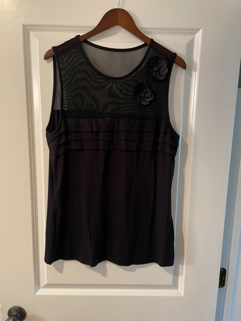 Sleeveless Black Mesh-Yoke Tank Top with Floral Accents